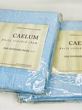 2 Caelum Quilted Standard Pillow Shams Blue 20x26 100% Cotton NOS Sealed Pair